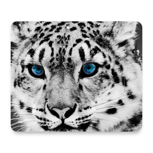 Snow Leopard With Blue Eyes Mouse Pad, Non-Slip Desk Mat 9.25 x 7.75, Personalized Office Desk Accessories, Cubicle Decor, Custom Gift
