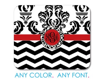 Custom Photo Mouse Pad- Personalized 7.75" x 9.25" Mousepad - Black White Red Damask Chevron Stripes