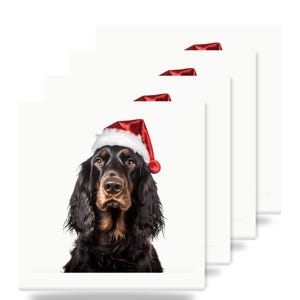 May include: A set of four square white coasters, each featuring a portrait of a black and tan Gordon Setter dog wearing a red and white Santa hat. The dog has long, dark, wavy fur, brown eyes, and a tan muzzle, centered against a plain white background.