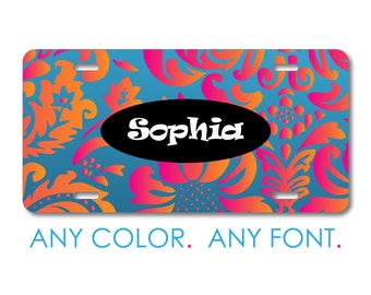 Pink Orange Blue Flower Floral License Plate, Personalized Front Car Tag, Custom Vanity Plate for Car Truck SUV, 12 x 6 Aluminum