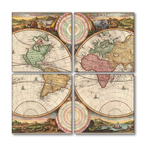 May include: A vintage world map divided into four sections, each depicting a different continent. The map is surrounded by a decorative border with animals and plants. The map is printed on a cream-colored background with brown, green, and pink accents.