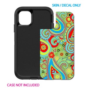May include: A colorful paisley pattern phone case skin decal. The decal features a green, blue, red, and yellow paisley pattern with flowers. The text "SKIN / DECAL ONLY" is at the top of the image. The text "CASE NOT INCLUDED" is at the bottom of the image.