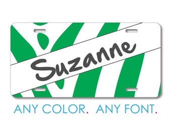 Green White Grey Zebra Skin Stripes License Plate, Personalized Front Car Tag, Custom Vanity Plate for Car Truck SUV, 12 x 6 Aluminum