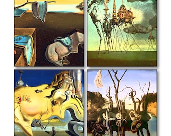 Custom Ceramic Coasters Set of 4 Personalized Monogram 4" x 4" - Clear Coat, Cork Backing - Salvador Dali Paintings