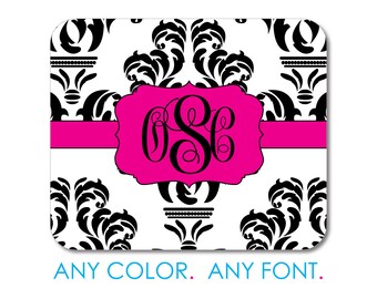 Black White Hot Pink Damask Floral Pattern Mouse Pad, Non-Slip Desk Mat 9.25 x 7.75, Personalized Office Desk Accessories, Cubicle Decor