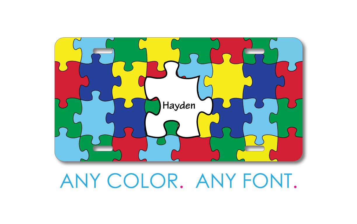 Custom License Plate Front Car Tag, Aluminum or Plastic - Personalized with Custom Text - Primary Color Puzzle Pieces Autism