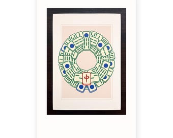 Mahjong Tile Wreath Christmas Card, Mah Jongg Holiday Card