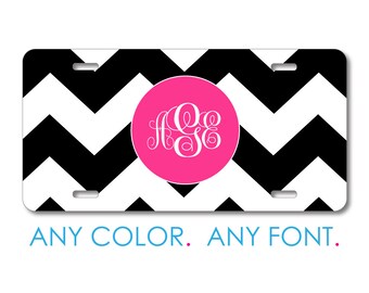 Black White Hot Pink Chevron Stripes License Plate, Personalized Front Car Tag, Custom Vanity Plate for Car Truck SUV, 12 x 6 Aluminum
