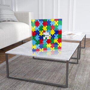 Acrylic Block Print Autism Awareness Puzzle Pieces Personalized Photo Frame CUSTOM Photo Block Any Font, Any Color Picture Frame image 2