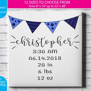 May include: A white canvas print with blue and white bunting at the top. The text "christopher" is written in black cursive font. The text "3:30 AM", "06.14.2018", "20 in", "6 lbs", and "12 oz" is written in black font.