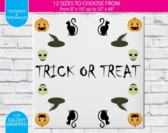Trick or Treat / Skull Cat Pumpkin Witch / Gallery Wrapped Canvas Wall Art / Custom / Any Color Any Font / Bedroom Decoration /Canvas Print
