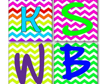 Custom Ceramic Coasters Set of 4 Personalized Monogram 3.75" x 3.75" - Clear Coat, Cork Backing - Chevron Stripes Initials