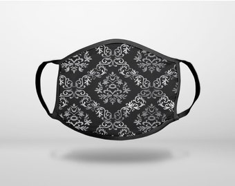 Black White Silver Grey Damask - CUSTOM 3-Ply Reusable Soft Face Mask Covering, Unisex, Cotton Inner Layer