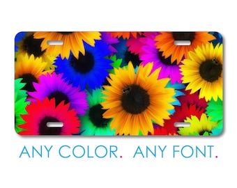Custom License Plate Front Car Tag, Aluminum or Plastic - Personalized with Custom Text - Red Green Yellow Sunflowers
