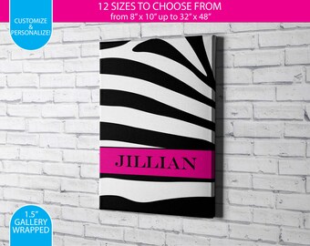 Monogram Canvas / Hot Pink & Zebra / Gallery Wrapped Canvas Wall Art / Custom / Any Color Any Font / Bedroom Decoration / Canvas Print