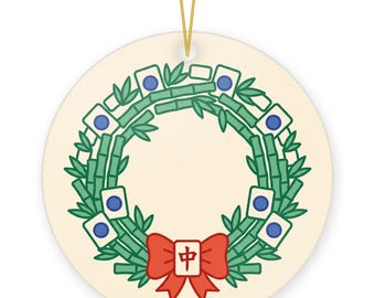 Mahjong Tile Wreath Christmas Ornament, Round Ceramic