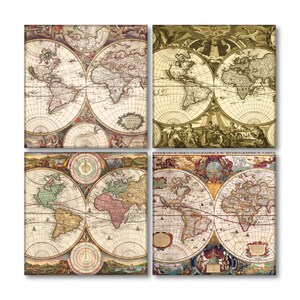 May include: A set of four vintage world maps in a collage style. The maps are in shades of brown, green, and red with intricate details. The maps are surrounded by decorative borders and illustrations.