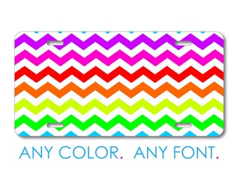 Custom License Plate Front Car Tag, Aluminum or Plastic - Personalized with Custom Text - Rainbow White Chevron Stripes Wave