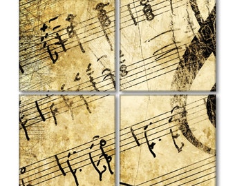 Custom Ceramic Coasters Set of 4 Personalized Monogram 3.75" x 3.75" - Clear Coat, Cork Backing - Faded Musical Notes