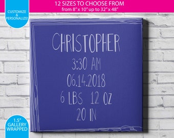 Baby Announcement / Simple Blue Design / Gallery Wrapped Canvas Wall Art / Custom / Any Color Any Font / Bedroom Decoration / Canvas Print