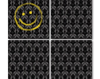 Custom Ceramic Coasters Set of 4 Personalized Monogram 3.75" x 3.75" - Clear Coat, Cork Backing - Yellow Smiley Wallpaper