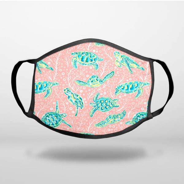 Preppy Pattern - Turtles on Pink Background - CUSTOM 3-Ply Reusable Soft Face Mask Covering, Unisex, Cotton Inner Layer