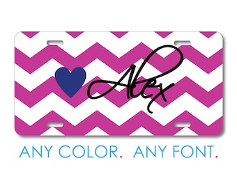 Pink White Chevron Stripes Heart License Plate, Personalized Front Car Tag, Custom Vanity Plate for Car Truck SUV, 12 x 6 Aluminum