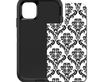 Custom Personalized Skin/Decal for OtterBox Defender Case - Apple iPhone Samsung Galaxy - White Black Damask Pattern