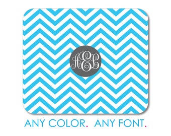 Cyan Blue White Grey Chevron Stripes Mouse Pad, Non-Slip Desk Mat 9.25 x 7.75, Personalized Office Desk Accessories, Cubicle Decor