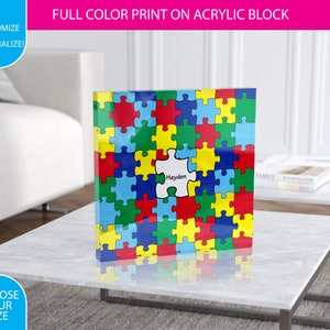 Acrylic Block Print Autism Awareness Puzzle Pieces Personalized Photo Frame CUSTOM Photo Block Any Font, Any Color Picture Frame image 1