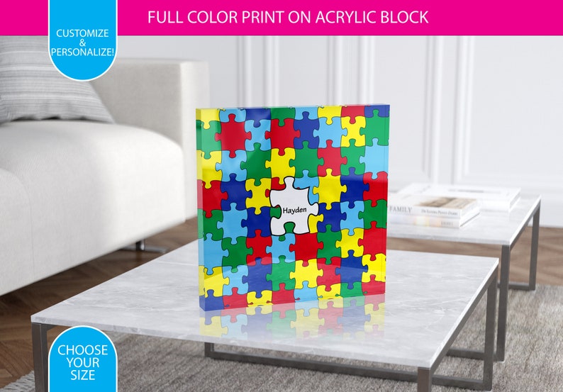 Acrylic Block Print Autism Awareness Puzzle Pieces Personalized Photo Frame CUSTOM Photo Block Any Font, Any Color Picture Frame image 1