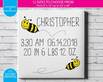 Baby Announcement / Bumble Bees / Gallery Wrapped Canvas Wall Art / Custom / Any Color Any Font / Bedroom Decoration / Canvas Print