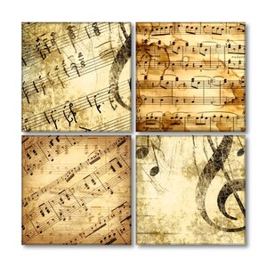 May include: A set of four vintage-style canvas prints featuring musical notes and a treble clef. The prints are in shades of brown and cream, with a distressed, aged look. The text on the prints reads "p meno mosso" and "rubato".