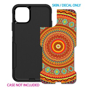 May include: A colorful phone case skin with a geometric mandala design in shades of red, orange, yellow, blue, and green. The text "SKIN / DECAL ONLY" is in the top right corner and "CASE NOT INCLUDED" is in the bottom left corner.