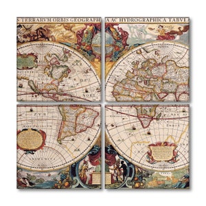 May include: A vintage world map print divided into four sections, each depicting a different continent. The map is in shades of brown, blue, and green, with intricate details and handwritten text. The map is surrounded by a decorative border with ornate flourishes.