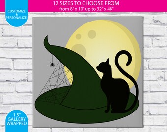 Witches Hat and Cat with Moon / Gallery Wrapped Canvas Wall Art / Custom / Any Color Any Font / Bedroom Decoration /Canvas Print