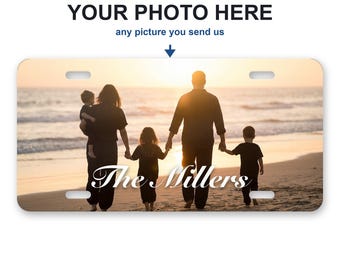 Custom Family Photo License Plate, Your Picture on an Aluminum Front Car Tag, Personalized with Family Name, 12 x 6