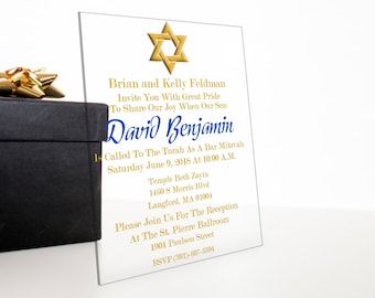 Clear Acrylic Bar Mitzvah Invitations - 1/8" Plexiglass - Full Color + White Print - CUSTOM - Blue and Gold Design - Free Design Services