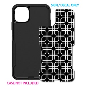 May include: Black and white geometric phone case skin decal.  The decal features a repeating pattern of white squares and circles on a black background.  "SKIN / DECAL ONLY" and "CASE NOT INCLUDED" are printed in white text at the top and bottom of the image.