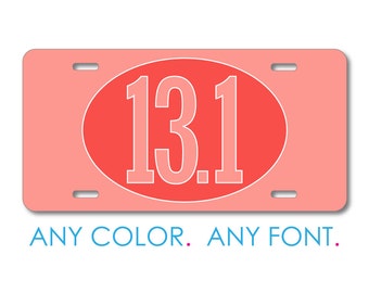 Custom License Plate Front Car Tag, Aluminum or Plastic - Personalized with Custom Text - Red 13.1 Oval Half Marathon Run