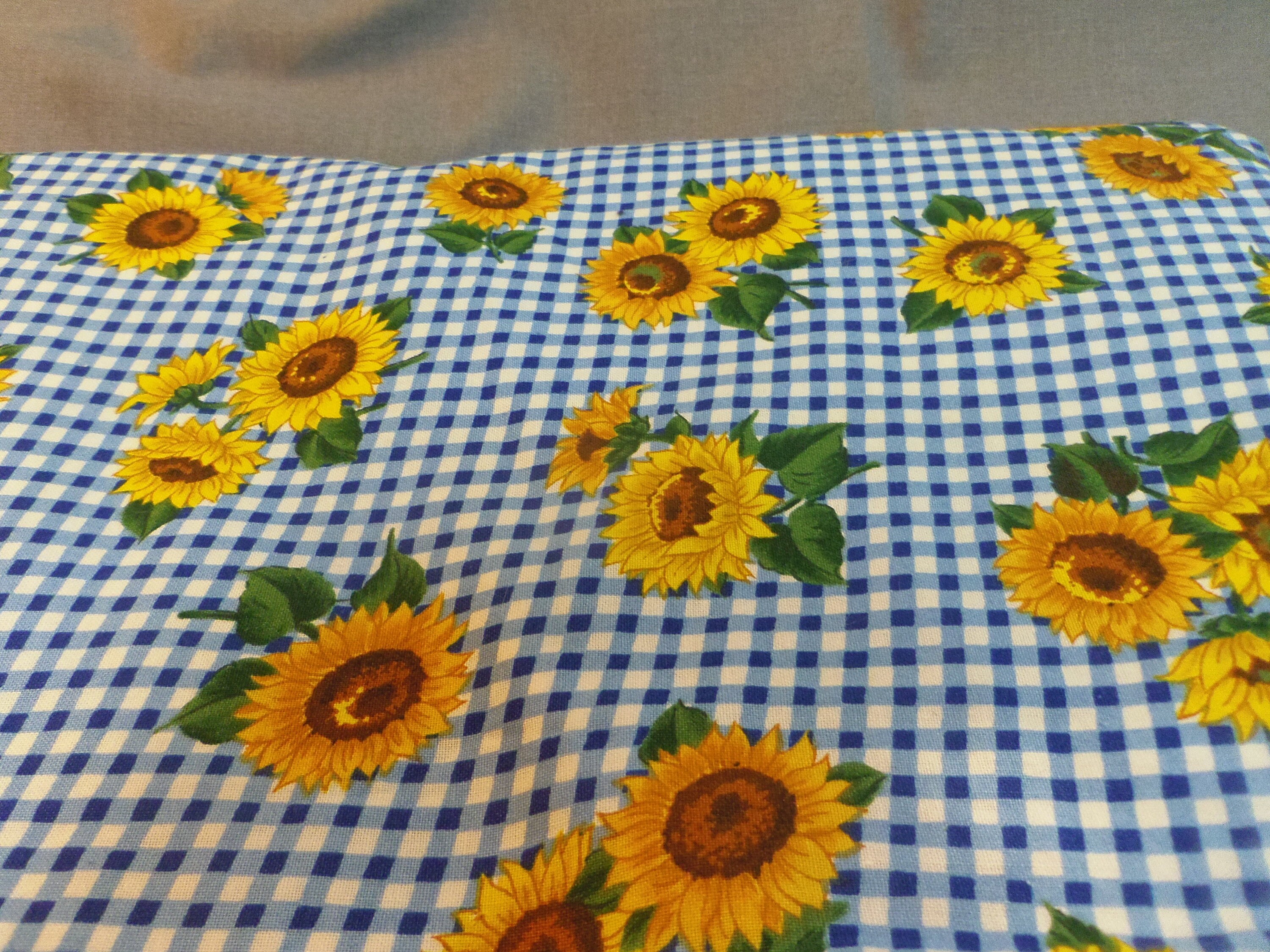 Cotton Fabric Blue White Gingham with Yellow Sunflowers Etsy