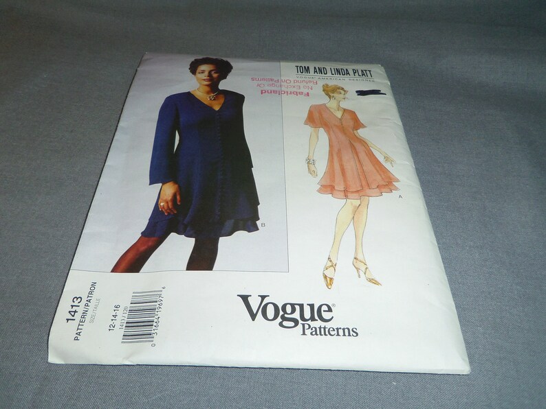 16 Vogue American Designer 1413 Slightly Flared Uncut Pattern Tom and Linda Platt 14 Size 12 Womens Layered Dress