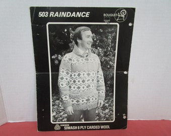 Sweater Jacket Knitting Pattern, Cowichan Style 6 Ply Wool Adult Size S, M, L, XL (34, 36, 38, 40, 42, 44) Bouquet, Raindance 503, 1970s