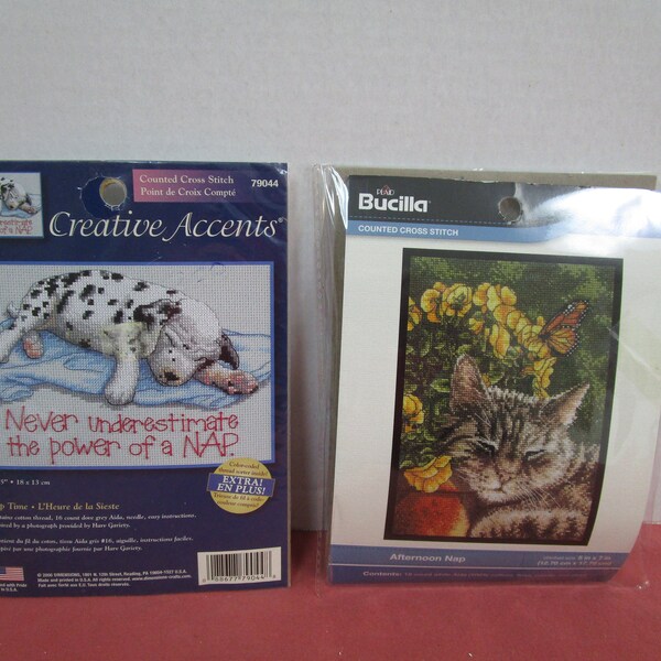 Counted Cross Stitch Kits, Nap Time Dalmatian Puppy, Afternoon Nap, Cat and Flowers