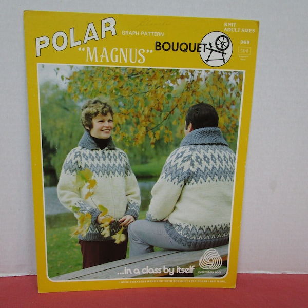 Cowichan Siwash Adult Jacket Knitting Pattern, Magnus, Size 34, 36, 38, 40, 42, 44, Bouquet 369, Polar 4 ply Bulky Wool