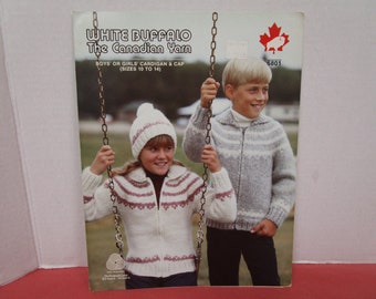 White Buffalo Childrens Nordic Design Cardigan Sweater and Cap Knitting Pattern, Sizes 10, 12, 14, No 6801