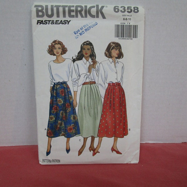 Womens Midi Length Skirt, Size 6, 8, 10, Uncut Pattern, Butterick 6358, 1992