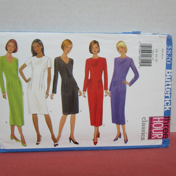 Womens Straight Fitted Dress in Two Lengths, Size 14, 16, 18, Uncut Pattern, Butterick 5820, Fast and Easy 3 hour Classic