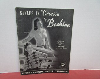 Vintage Knitting Patterns, Styles in Caressa by Beehive Series 55, 1940s Pullovers, Cardigans, Cape, Sport Coat, Evening Jackets, Slippers