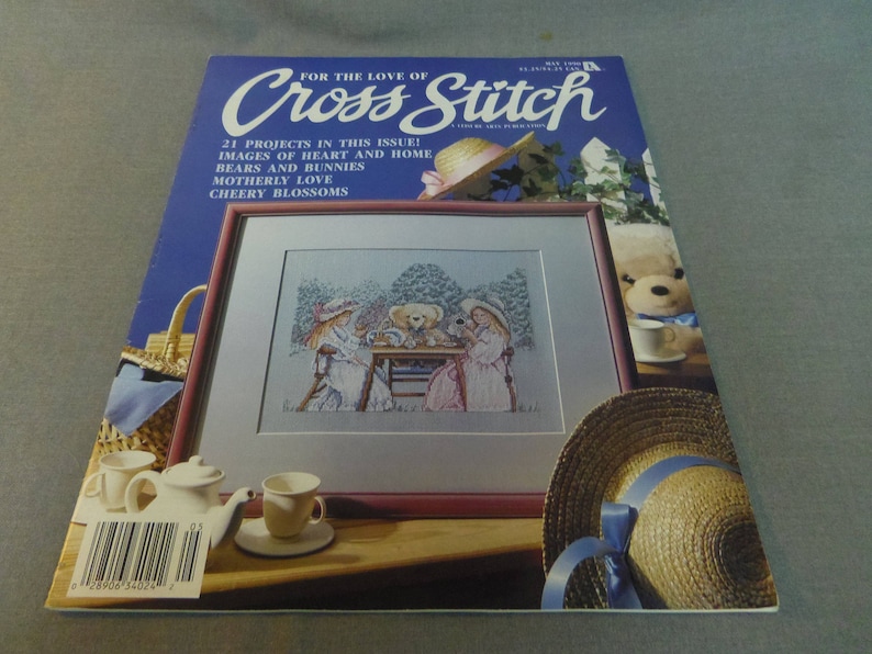 Teddy/'s Tea Party Cat and Pink Rose July 1990 Flowers For the Love of Cross Stitch Magazine 21 Projects